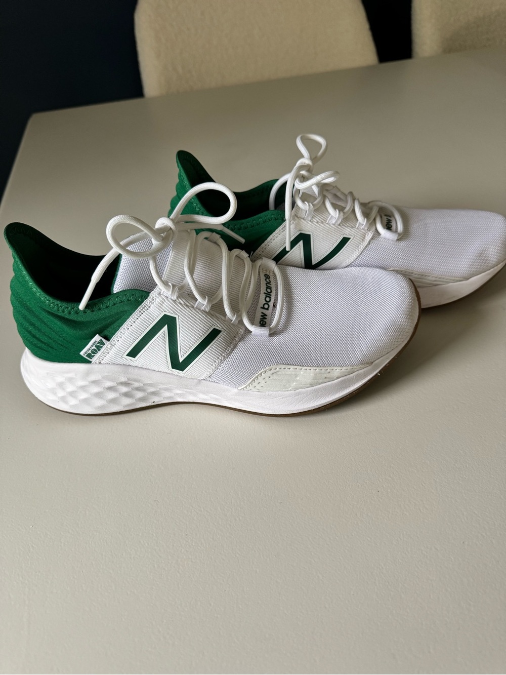New Balance White and Green Mesh Sneakers